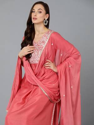 pink color embroidered silk blend styles kurta trouser with dupatta 2
