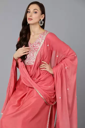 pink color embroidered silk blend styles kurta trouser with dupatta