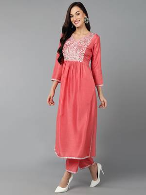 pink color embroidered silk blend styles kurta trouser with dupatta 3