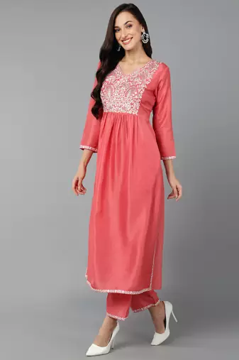 pink color embroidered silk blend styles kurta trouser with dupatta