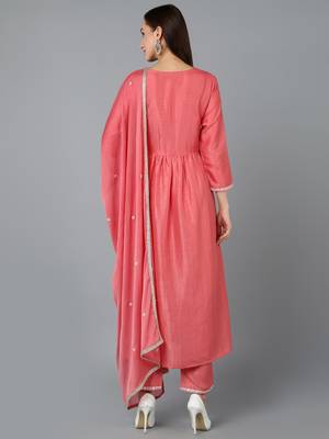 pink color embroidered silk blend styles kurta trouser with dupatta 4