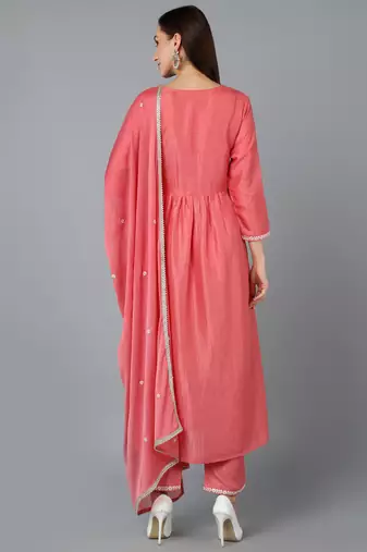 pink color embroidered silk blend styles kurta trouser with dupatta