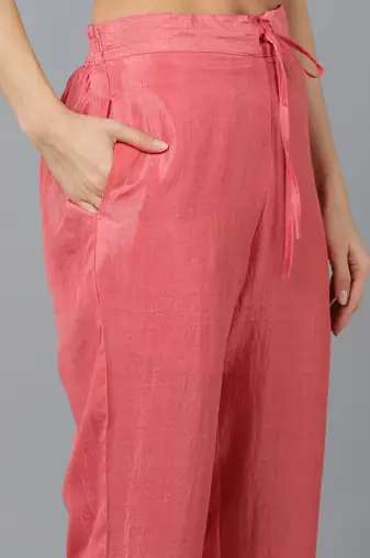 pink color embroidered silk blend styles kurta trouser with dupatta