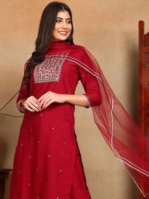 maroon color embroidered silk blend styles kurta trouser with dupatta 1