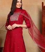maroon color embroidered silk blend styles kurta trouser with dupatta