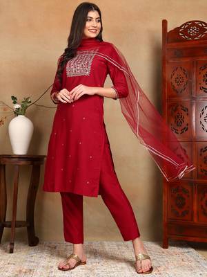 maroon color embroidered silk blend styles kurta trouser with dupatta 2