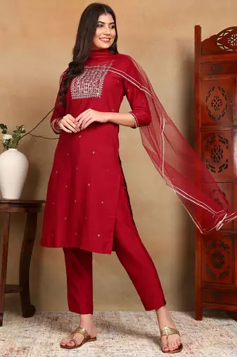 maroon color embroidered silk blend styles kurta trouser with dupatta