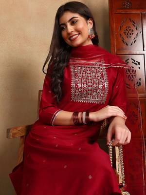 maroon color embroidered silk blend styles kurta trouser with dupatta 3