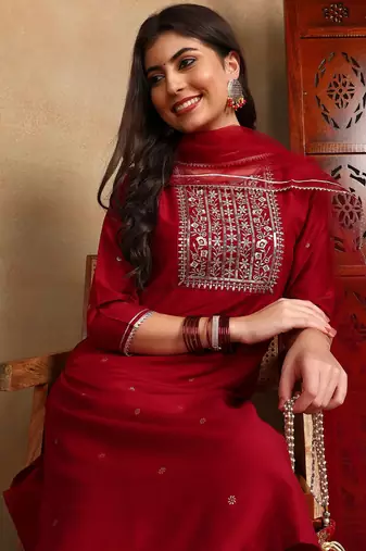 maroon color embroidered silk blend styles kurta trouser with dupatta