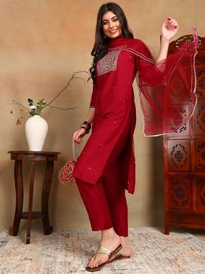 maroon color embroidered silk blend styles kurta trouser with dupatta 4