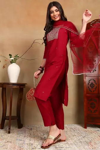 maroon color embroidered silk blend styles kurta trouser with dupatta