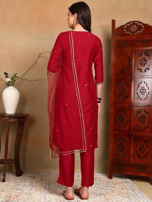 maroon color embroidered silk blend styles kurta trouser with dupatta 5