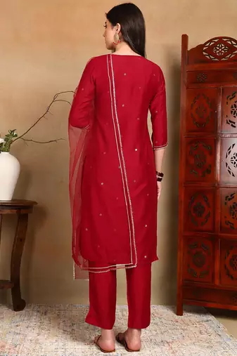 maroon color embroidered silk blend styles kurta trouser with dupatta