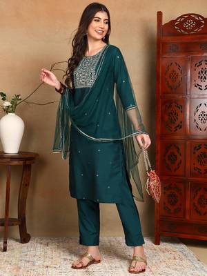 green color embroidered silk blend styles kurta trouser with dupatta 1