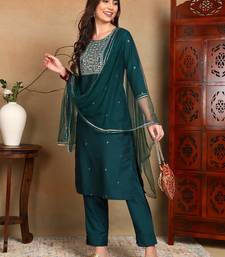 green color embroidered silk blend styles kurta trouser with dupatta