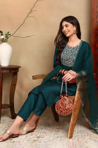 green color embroidered silk blend styles kurta trouser with dupatta