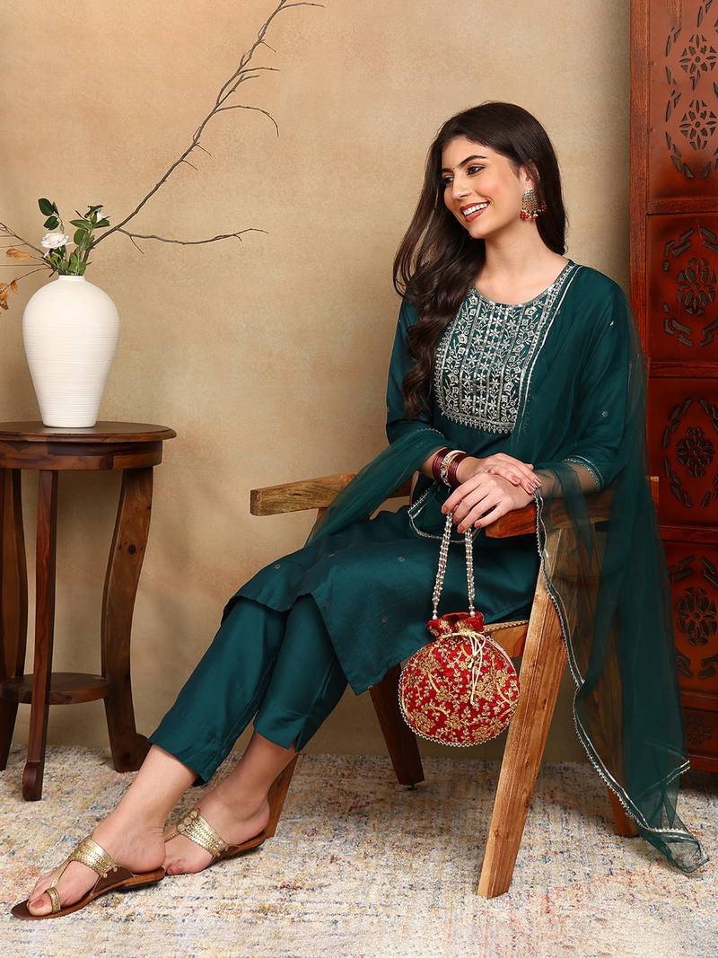 green color embroidered silk blend styles kurta trouser with dupatta
