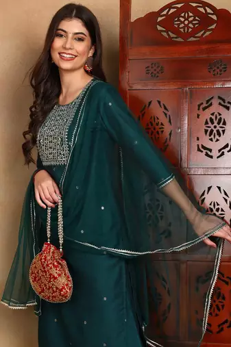 green color embroidered silk blend styles kurta trouser with dupatta