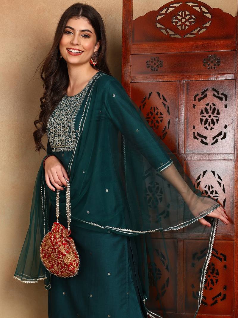 green color embroidered silk blend styles kurta trouser with dupatta