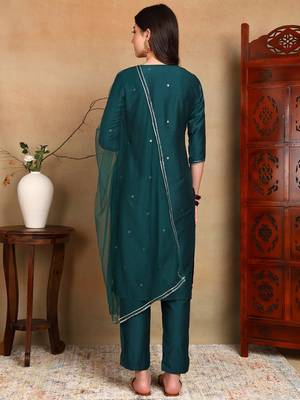 green color embroidered silk blend styles kurta trouser with dupatta 4