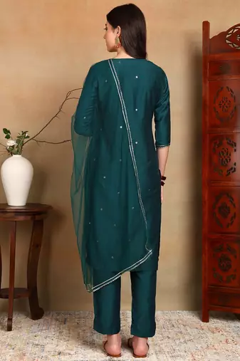 green color embroidered silk blend styles kurta trouser with dupatta