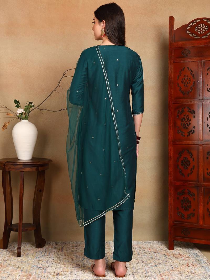 green color embroidered silk blend styles kurta trouser with dupatta