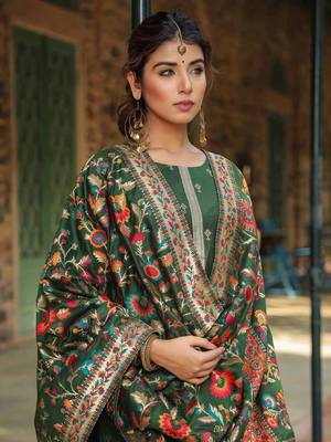 green color woven design silk blend styles kurta trouser with dupatta 1