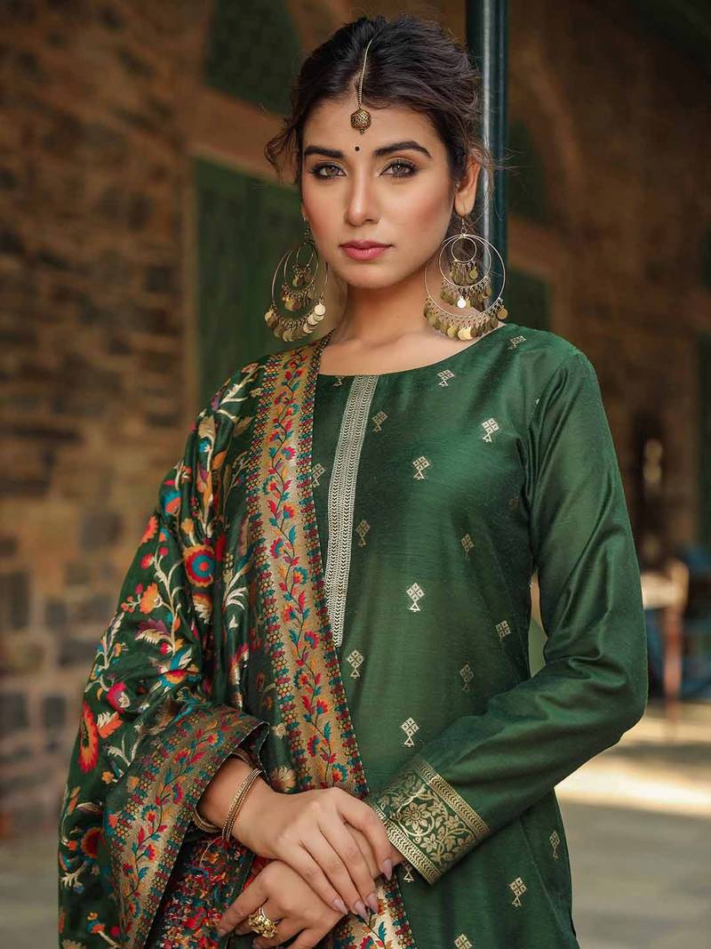 green color woven design silk blend styles kurta trouser with dupatta