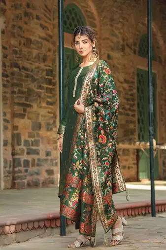 green color woven design silk blend styles kurta trouser with dupatta