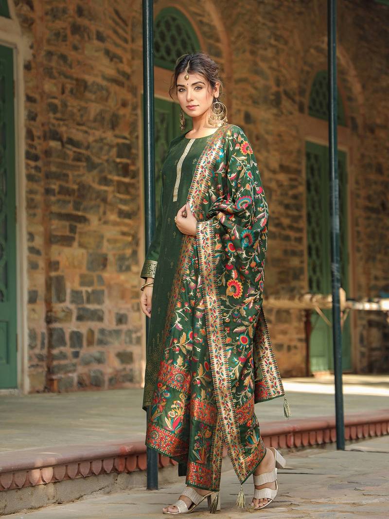 green color woven design silk blend styles kurta trouser with dupatta