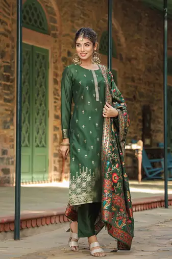 green color woven design silk blend styles kurta trouser with dupatta