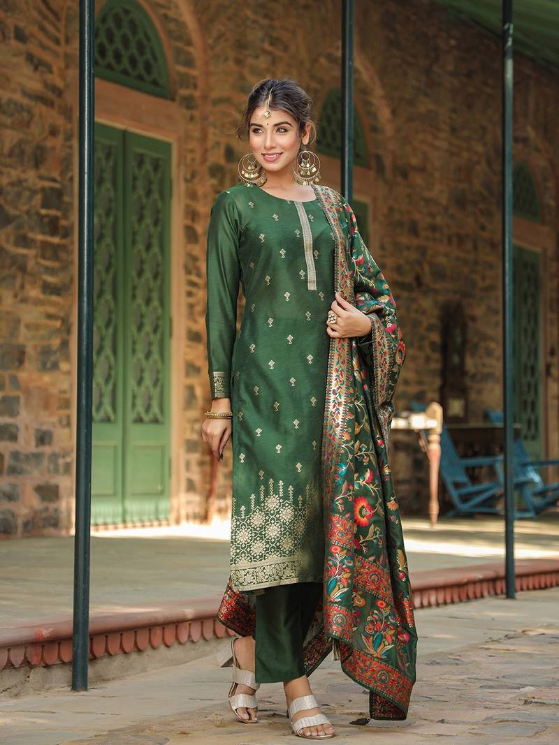 green color woven design silk blend styles kurta trouser with dupatta
