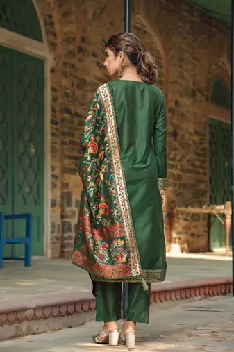 green color woven design silk blend styles kurta trouser with dupatta