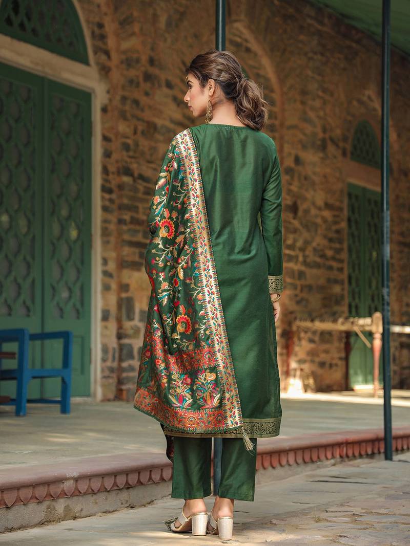 green color woven design silk blend styles kurta trouser with dupatta