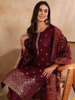 burgundy color woven design silk blend styles kurta trouser with dupatta 1