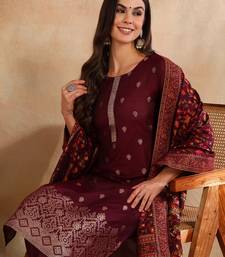 burgundy color woven design silk blend styles kurta trouser with dupatta