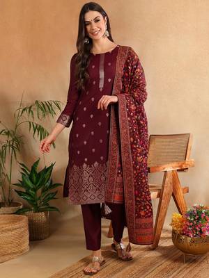 burgundy color woven design silk blend styles kurta trouser with dupatta 2
