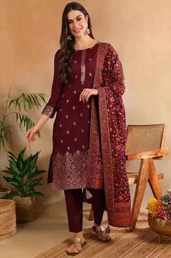 burgundy color woven design silk blend styles kurta trouser with dupatta