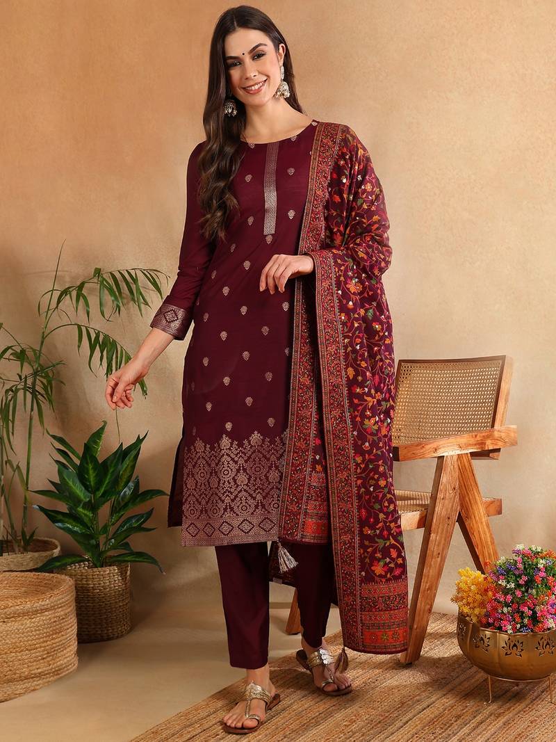burgundy color woven design silk blend styles kurta trouser with dupatta