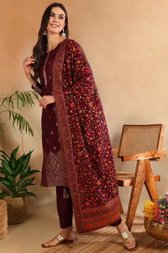 burgundy color woven design silk blend styles kurta trouser with dupatta