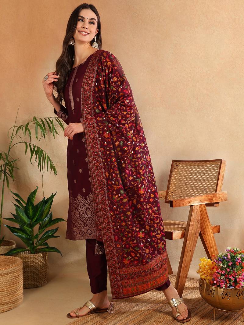 burgundy color woven design silk blend styles kurta trouser with dupatta