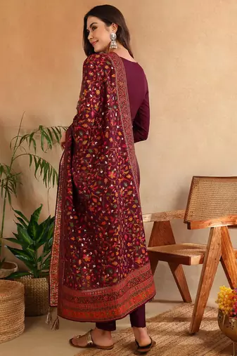 burgundy color woven design silk blend styles kurta trouser with dupatta