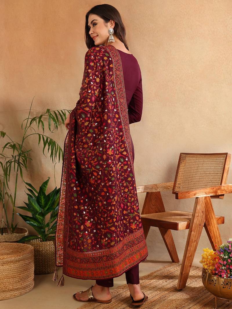 burgundy color woven design silk blend styles kurta trouser with dupatta