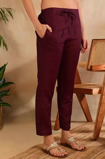 burgundy color woven design silk blend styles kurta trouser with dupatta