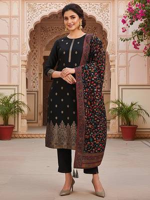black color woven design silk blend styles kurta trouser with dupatta 1
