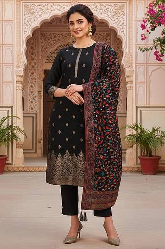 black color woven design silk blend styles kurta trouser with dupatta
