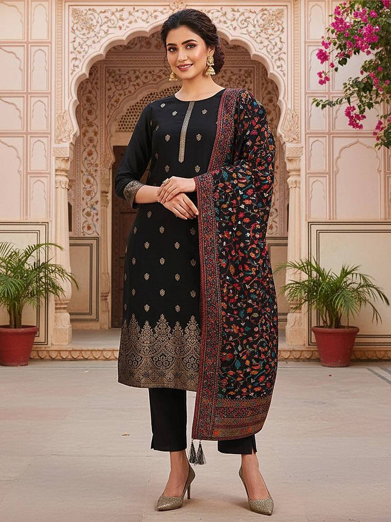 black color woven design silk blend styles kurta trouser with dupatta