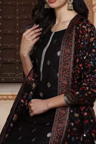 black color woven design silk blend styles kurta trouser with dupatta