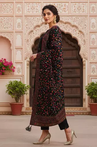 black color woven design silk blend styles kurta trouser with dupatta