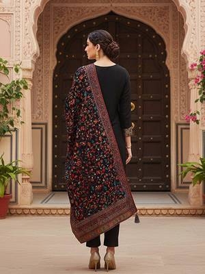 black color woven design silk blend styles kurta trouser with dupatta 4